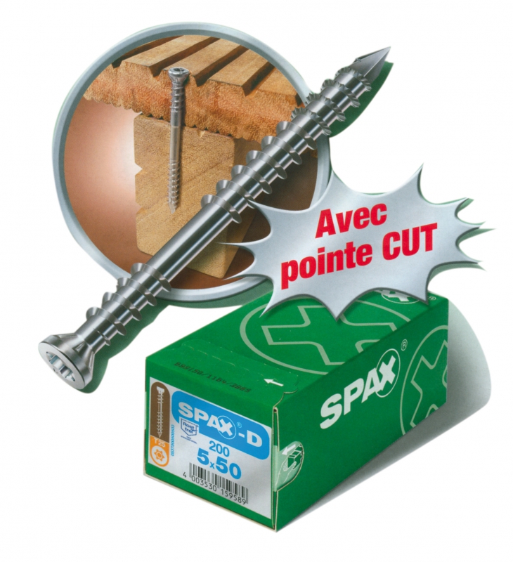 vis à bois SPAXD spécial terrasses en bois TF Torx inox A2 Ø 5 long. 60 mm cond. 100