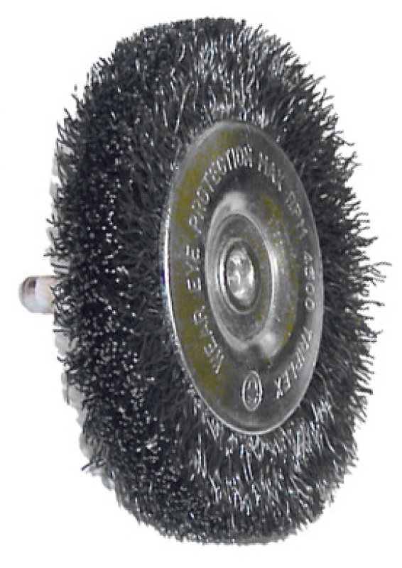 Brosse rotative circulaire métallique sur tige Ø 100 mm, Fil acier souple  Ø 0,20 mm, Epaisseur 12 mm, 2 rangs, Pour perceuse ou visseuse à mandrin