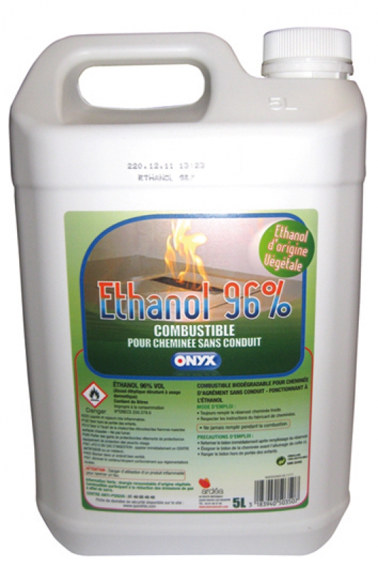 ETHANOL 96% Combustible cheminée sans conduit - ONYX - 5 Litres